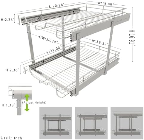 EZKAZA Pull Out Cabinet Organizer 20.5" W x 21" D, 2-Tier Kitchen Cabinet Pullout Shelf and Drawer Organizer Slide Out Pantry Storage Basket, 19.2" W x 21" D x 2.4" H for Bottom Basket Size - Image 3