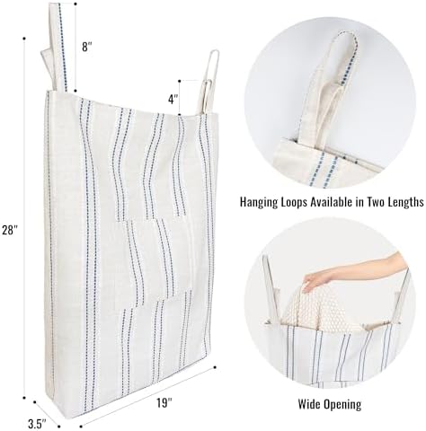 AELS Farmhouse Hanging Laundry Hamper with 2 Hooks, Boho Beige & Blue Stripes Laundry Bag with Zipper & Wide Open Top, Over the Door Organizer for Dirty Clothes, Washable Space Saving Storage - Image 4