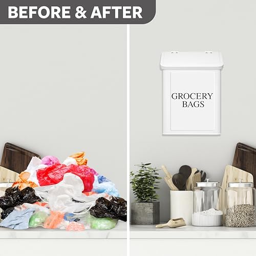 Calindiana Modern Farmhouse Metal Magnetic Grocery Bags Holder for Plastic Bags with LId and Kitchen Organizer and Storage Wall Mount Grocery Bag Dispenser Space Saving, White - Image 3