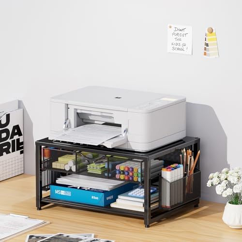 Marbrasse Metal Printer Stand for Desk with Storage Drawer and 2 Pen Holders, 2-Tier Desktop Organizer Printer Table for Home Office, Multi-Purpose Desk Organizer for Fax Machine Scanner Files(Black) - Image 2