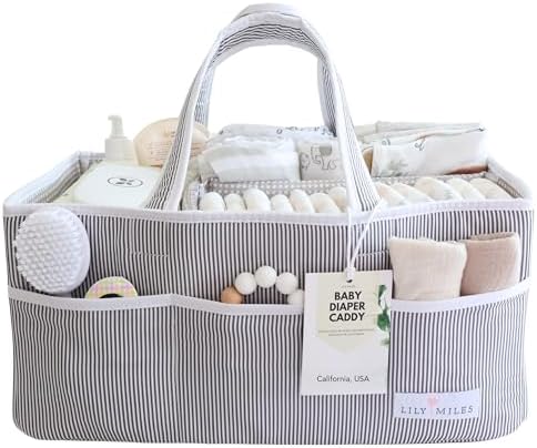 Lily Miles Baby Diaper Caddy Organizer, Baby Shower Basket for Newborn Boys or Girls, Nursery Must Haves for New Mom, Registry Favorites, Large Storage Tote for Changing Table or Car, Gray by LilyMiles