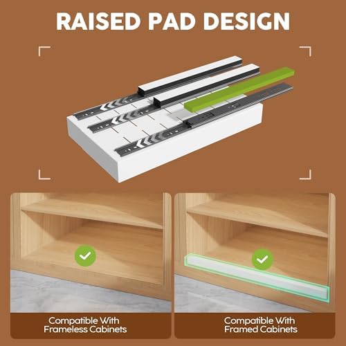 Seinloes 4 Pack Expandable Pull Out Cabinet Organizer 21" Deep with Raising Pad for Framed Cabinets,Upgrade 3 Slide Rails Slide Out Drawers,Roll Out Shelves Adhesive,Adjustable Width 9"-14.1" White - Image 2