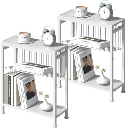 End Table Set of 2 for Small Space, 3-Tier Narrow Side Table with Magazine Holder,Small Nightstand, Skinny Snack Couch Table in Living Room, Bedroom Study and Balcony (White) by HOME