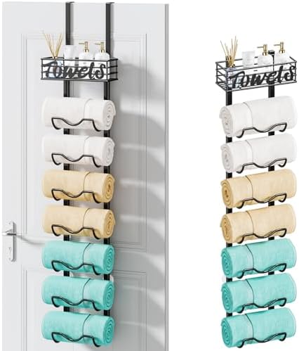HapiRm Over The Door Towel Rack - 8 Tier Wall Mount Rolled Towel Holder Storage Organizer Shelf with Storage Basket for Small Bathroom, Rv, Camper - Black by HapiRm