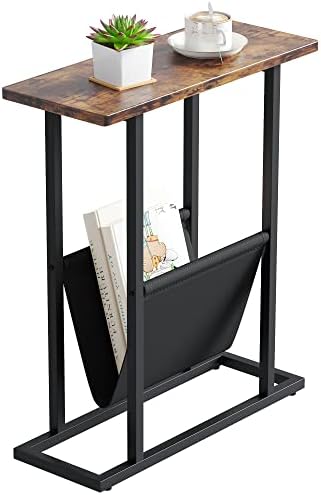 Yusong Narrow Side Table for Small Spaces, Small End Table with Magazine Holder, Skinny Slim Little Thin Table for Living Room, Bedroom, Sofa, Rustic Brown by Yusong