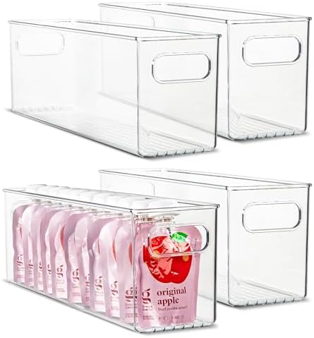Plastic Food Storage 4 Pack Clear Container Bin with Handles for Organizing Kitchen, Pantry, Refrigerator, Freezer, Pantry, Cabinet, Closet, Bathroom. 14”x4”x5” by primebox