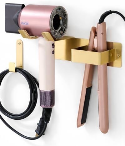 Hair Dryer and Straightener Holder, Stainless Steel Hair Dryer Stand for Bathroom, Hair Dryer Holder Wall Mounted Adhesive or Drilling, Hair Tool Organizer for Salon Barber Shops Gold BANJEKT by BANJEKT