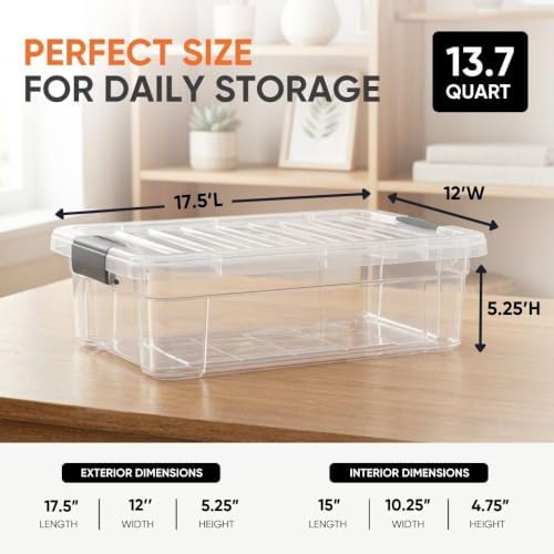 Superio 13.7 Quart Clear Plastic Storage Bin with Lid, Stackable Organizer Box, BPA-Free Storage Container for Home, Garage, School & Office, 5 Pack - Image 3