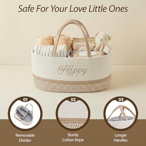 DUHEL Diaper Caddy Organizer with Handle(White Khaki-Happy) - Image 4