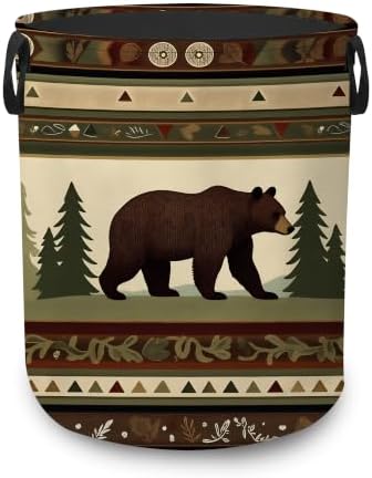 Laundry Hamper,Rustic Bear Forest Collapsible Laundry Basket with Handles,Lodge Cabin Waterproof Oxford Cloth Clothes Organizer for Bedroom Bathroom Dorm Nursery,16 x 20 Inch by UIUPRO