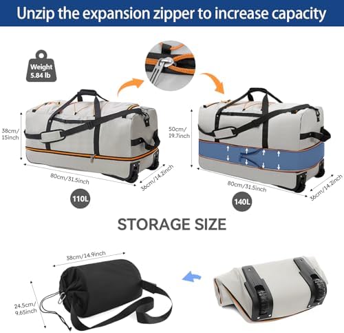 110L Expandable to 140L 32” Foldable Oxford Soft-Sided Rolling Duffle Bag with 2 Heavy-Duty Wheels, 2 Large Compartments, Adjustable Shoulder Strap and Attached Organizer Pouch,Grey - Image 3