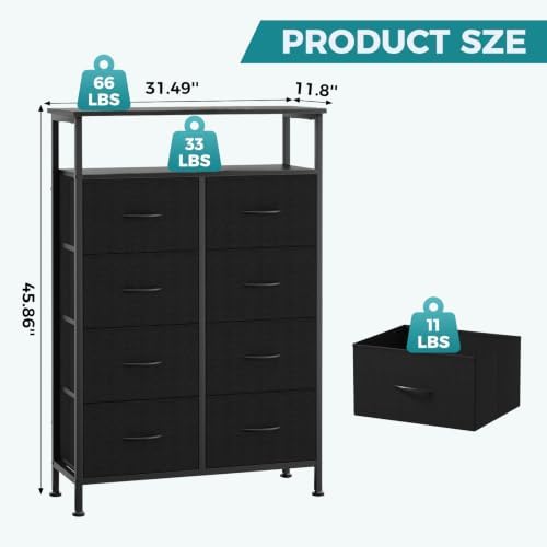 OLIXIS 8 Drawers Fabric Dresser, Raised Shelf Tall Chest of Drawers, Black - Image 3