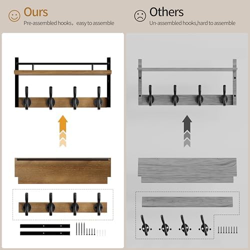 29 inch Coat Rack Wall Mount with Shelf, Entryway Wall Shelf with Hooks, Heavy Duty Coat Hanger Wall Mount with Key Holders and Mail Organizer for Living Room, Bedroom, Wooden Brown & Black - Image 3