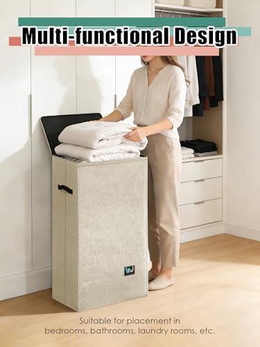 WTREE Laundry Hamper with Lid, Reinforced Sturdy Clothes Hamper with Anti-Puncture Base, Large Collapsible Laundry Basket with Removable Liner Bag, Tall Dirty Clothes Bin for Family, 100L Beige - Image 6