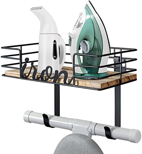 TJ.MOREE Hanger wall mount - Laundry Room Iron and ironing board Holder, Metal with Large Storage Wooden Base Basket and Removable Hooks (Black) by TJMOREE