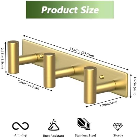 Wall Mounted Coat Rack-3 Hooks, Heavy Duty Stainless Steel Wall Hooks for Towel Coat Bag, Hat Rack Coat Hanger Coat Hooks Towel Racks for Bathroom Entryway Kitchen Hotel Office (Gold,1 Pack) - Image 2
