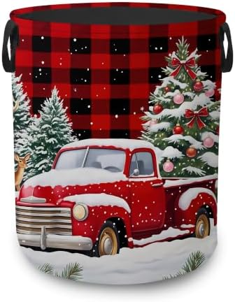 Christmas Red Truck Collapsible Laundry Hamper,Winter Deer Waterproof Oxford Cloth Clothes Basket with Handles for Bathroom Bedroom Nursery Dorm Room,16" x 20" by UIUPRO