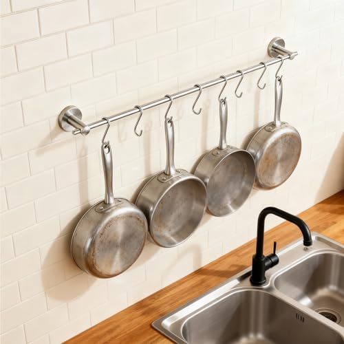 NEWRAIN Pot Rack Wall Mounted, 21 inch Hanging Pot and Pan Hanger, Stainless Steel Kitchen Rail Coffee Mug Rack with 10 S Hooks,Brushed Nickel - Image 2
