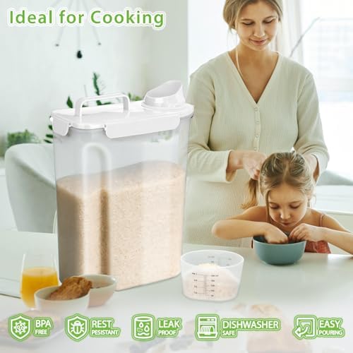 Viretec Rice Storage Container, 15 to 20lb Dry Food Airtight Dispenser, Pet Dog Cat Food Canister, BPA Free Clear Plastic Kitchen and Pantry Organization Bin for Oatmeal, Cereal, Pasta, Flour White - Image 2