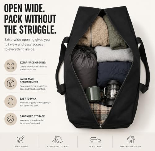 Canvas Duffle Bag for Travel, Heavy Duty Duffel for Tent Storage & Military Gear Black 60L - Image 4