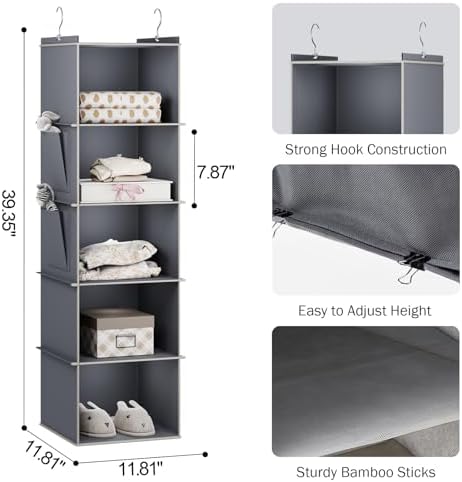 YOUDENOVA Hanging Closet Organizer and Storage for Clothes, 5-Shelf, Grey - Image 3