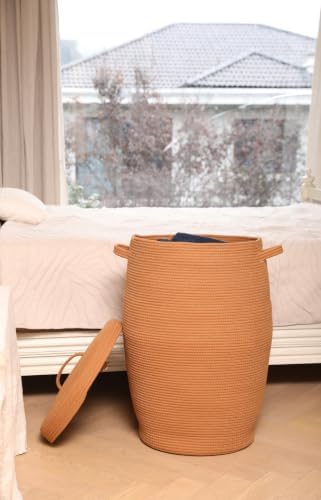 26"x20" Cottonphant Extra Large Tall Woven Laundry Basket with Lid, Cotton Rope Blanket Storage Basket, Freestanding Decorative Bin for Bedroom Living Room, Rust Brown - Image 5