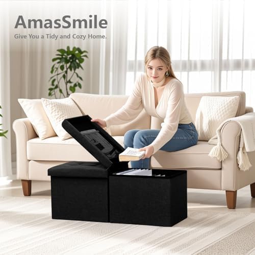 AmasSmile Footrest Ottoman Storage Bench, 34" Linen Folding Chest, Black - Image 6