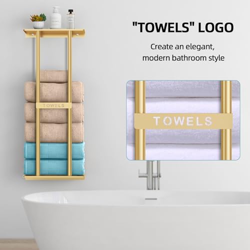 STWWO Bathroom Towel Storage Rack for Bathroom, 30 inch Towel Racks Wall Mounted with Shelf Can Holds 6 Large Towels, Wall Towel Rack for Rolled Towels, Gold - Image 5