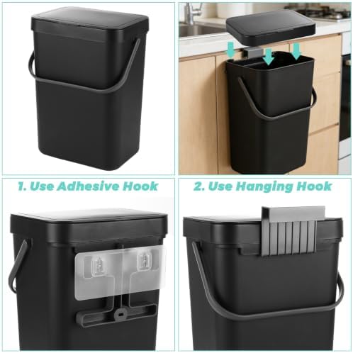 WOPPLXY Hanging Trash Can with Lid, 3.2 Gallon Kitchen Hanging Garbage Can with Lid, Wall-Mounted Garbage Can for Cabinet, Under Sink, Bathroom, Bedroom, Office(1 Pack,12 L,Black) - Image 3