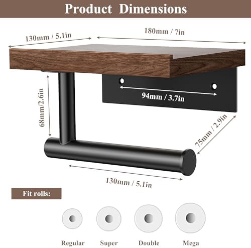 Tindbea Toilet Paper Holder with Wood Shelf, Wooden Wall Mount Tissue Paper Roll Holder, Matte Black Stainless Steel Bathroom Accessories Decor Household Home Apartment Restroom Essentials (Walnut) - Image 3
