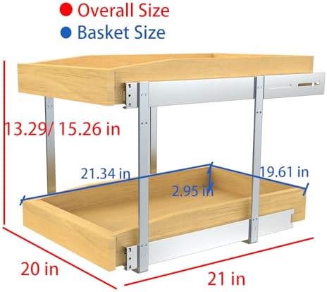 2 Tier Pull Out Cabinet Organizer, 20"W x 21"D Solid Wood Heavy-Duty Base Bottom Assembly Slide out Drawer Shel Cabinet Organization for Kitchen, Pantry, Bathroom - Image 2