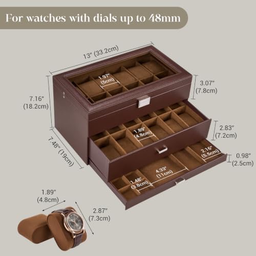 ProCase 3-Layer Watch Box with Glass Lid for Men, 24-Slot, Brown - Image 3
