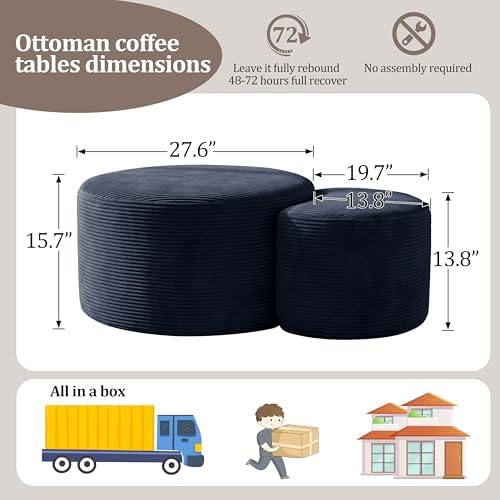 BSHOMGI Nesting Coffee Table Set of 2,Corduroy Ottoman Soft Foot Rest Movable LargePouf Footstool for Living Room Sofa Couch Bedroom Entryway and Small Spaces No Assembly (Blue, 32"+17") - Image 2