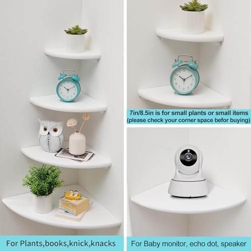 Corner Shelf, White Solid Oak Wood Floating Corner Shelves Wall Mount Round End Floating Speaker Rack Display Shelf for Small Plant Photo Frame (White, 7in) - Image 3