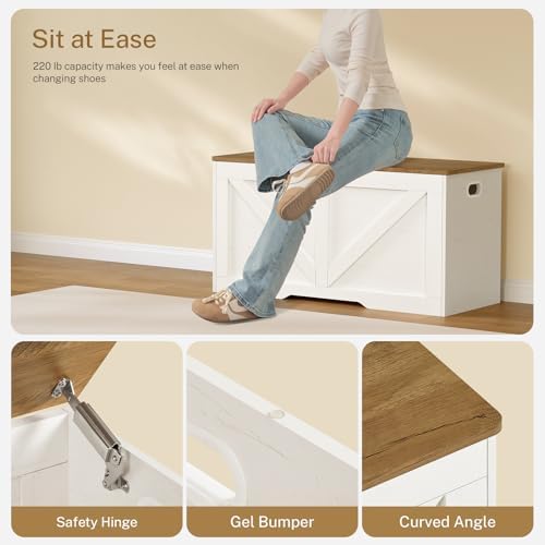 usikey 39.4" Storage Chest, Toy Box with 2 Safety Hinges, Lift Top Wooden Toy Chest, Storage Bench, for Living Room, Bedroom, Entryway, White+Honey Brown - Image 6