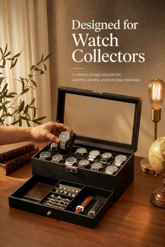 GUKA Watch Box, 12 Slot Watch Case, Watch Cases for men with Real Glass Lid, Synthetic Leather Watch Organizer storage with Jewelry Case, Birthday for Men and Women, Black, GK-012-BKCX - Image 2