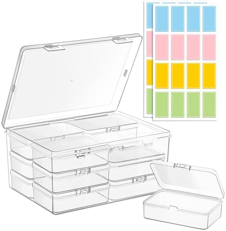 zoeynex Medium Plastic Organizer Boxes, 12 Clear Containers with Hinged Lids, for Beads, Jewelry, Crafts, Electronics, Hardware, School Supplies (32 Labels) by zoeynex