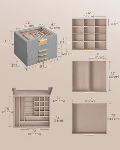 SONGMICS Jewelry Box Organizer, 4-Layer Storage with 3 Drawers, Glass Lid - Image 5