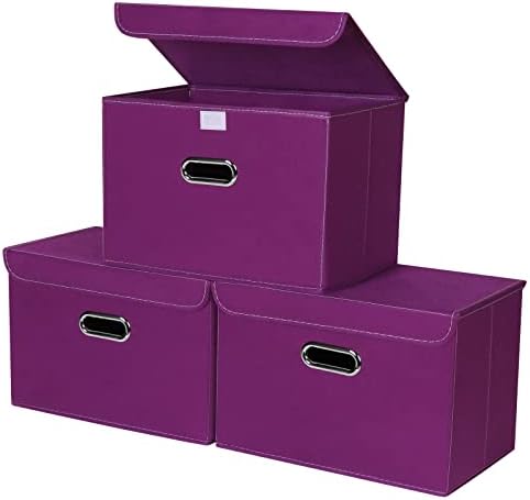 STOREONE Fabric Storage Cube Bins Foldable Organizer Container Collapsible Basket with Lids and Metal Handles, for Home, Bedroom, Closet 3 Pcs (Purple) by STOREONE