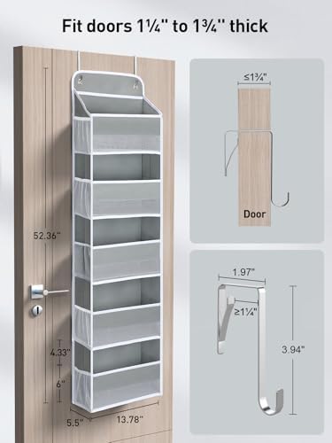 Yecaye 1 Pc Over the Door Organizer with 5 Bins 10 Side Pockets, 44lbs Load Hanging Bathroom and Bedroom Organizer, behind the Door Hanging Organizers for Nursery Newborn Baby Essential Stuff Grey - Image 4