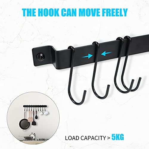 Joben Oligey Utensil Holder, Kitchen Rail With 10 Hooks, Pots and Pans Organizer Hanger, Wall Mounted Wrought Iron Hanging Black 17 Inch for Coffee Mug Rack Cup Hanging, Set of 2 - Image 4