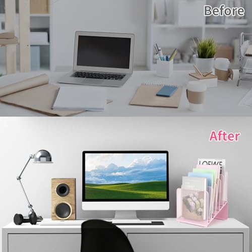 LEKETREE File Organizer for Desk, Desk Organizer with 5-Section Vertical File Rack, Folder Organizer,Workspace Organizers (Pink) - Image 3