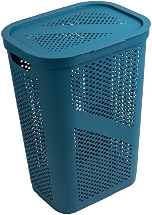Mind Reader Slim Laundry Hamper with Lid, 60L Clothes Basket, Ventilated Plastic, Blue - Image 6