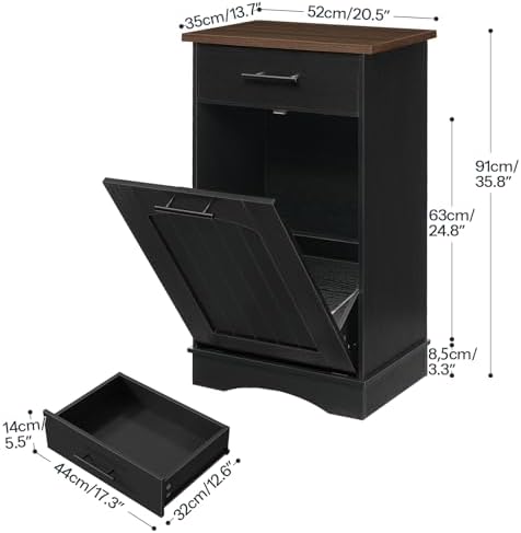 HOOBRO 10 Gallon Tilt Out Trash Cabinet, Kitchen Trash Can, Trash Bin Storage, with Flip Door and Large Drawer, Hidden Laundry Hamper Cabinet, for Kitchen, Laundry, Black and Walnut BH02LJ01 - Image 3