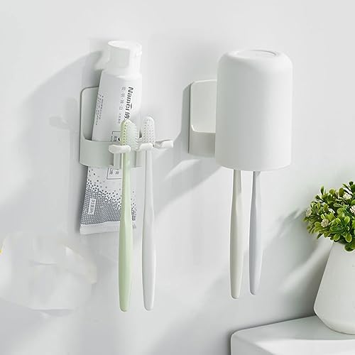 2 PCS Self-Adhesive Toothbrush Holders Wall Mounted, Water Proof Toothbrush Hook, 3 in 1 with Toothbrush Hanger Toothpaste Holder and Gargle Cup Holder for Bathroom Shower (White) - Image 4