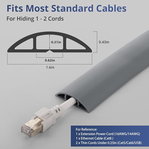 ZhiYo 3.6ft Floor Cord Cover, Cable Cavity 0.6" W x 0.3" H, Grey - Image 2