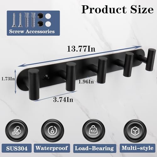 Coat Hook Rack, Wall Mounted Coat Rack with 5 Hooks, Heavy Duty Towel Hooks Rack Wall Hooks for Hanging Clothes Jacket, Stainless Steel Coat Hanger for Bathroom Entryway Mudroom(Matte Black) - Image 6