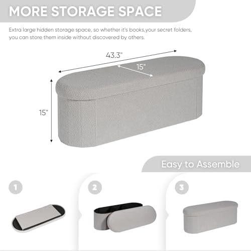 B FSOBEIIALEO 43.3" Sherpa Ottoman with Storage for Living Room, Grey - Image 3