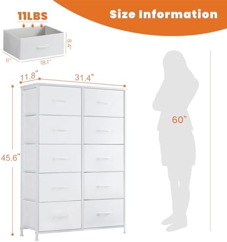 Sweetcrispy 10 Drawer Fabric Dresser Tall Chest Storage Organizer,White - Image 3