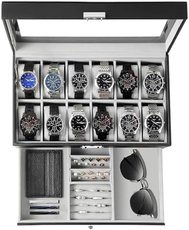 GUKA 12-Slot Watch Box Organizer with Glass Lid, 2-Tier Leather Case by GUKA